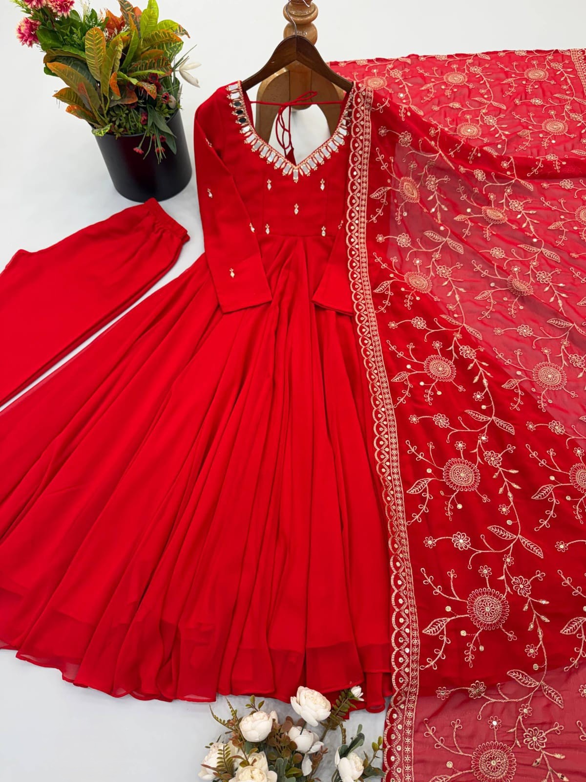 Heavy Faux Georgette Khatli Work With Real Mirror Anarkali Set